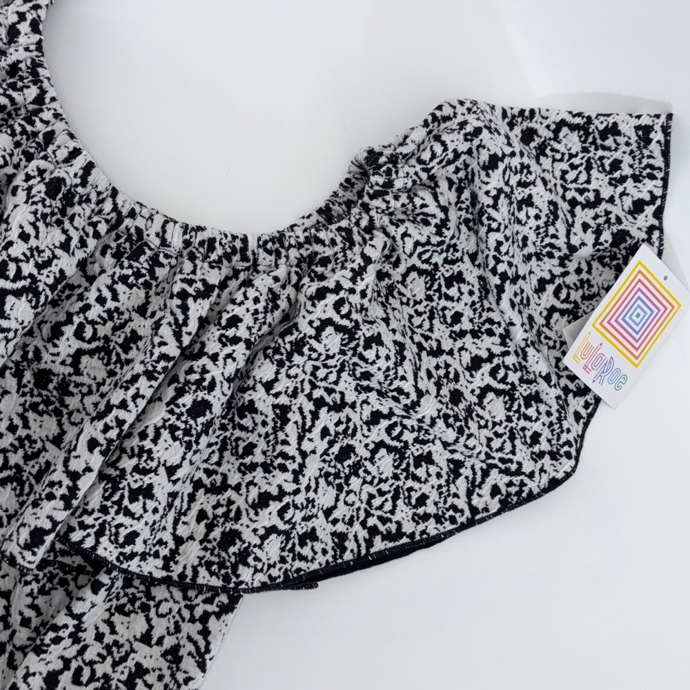 LuLaRoe CiCi Dress Womens Large Black White Abstract Ruffle Off Shoulder Mid NWT